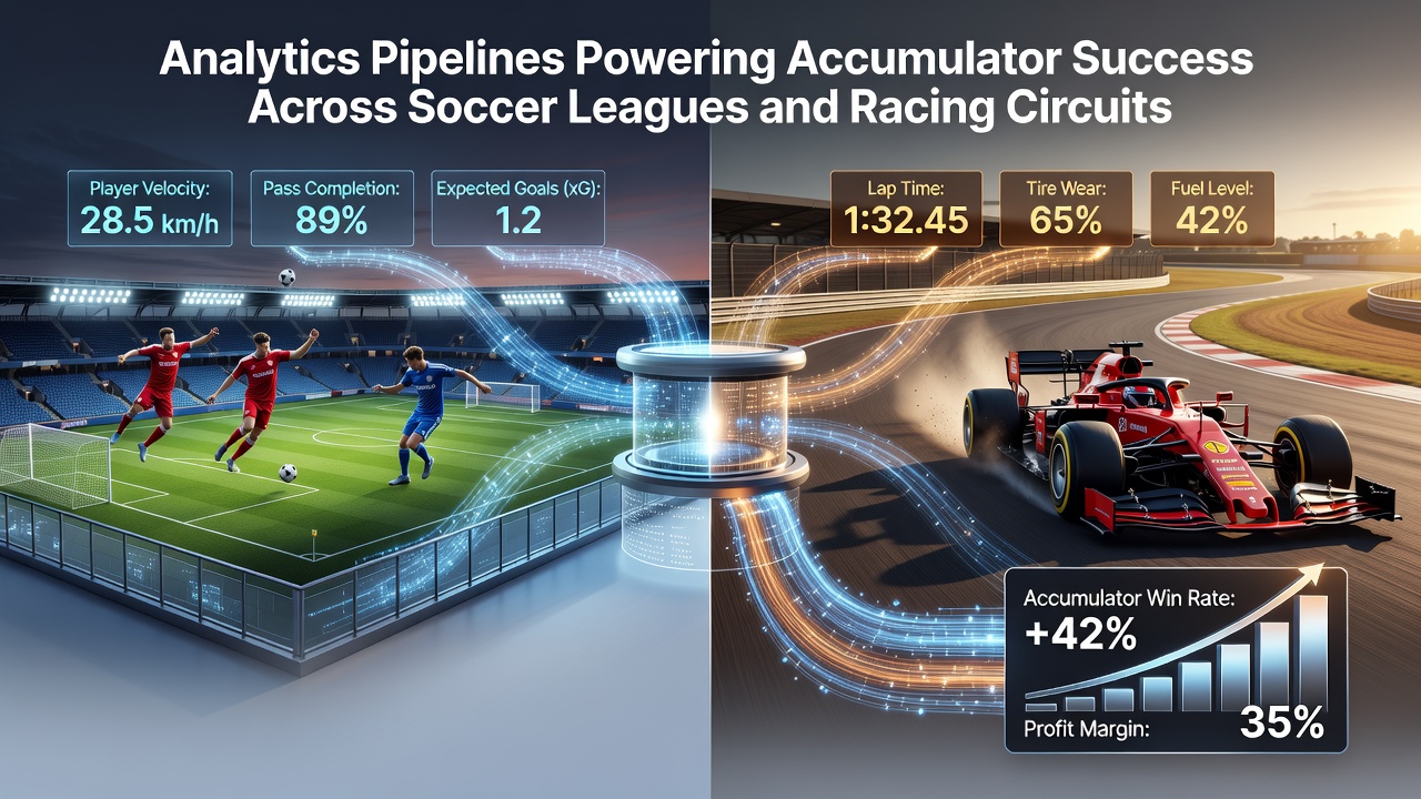 Analytics dashboard displaying real-time data flows for soccer and racing accumulators