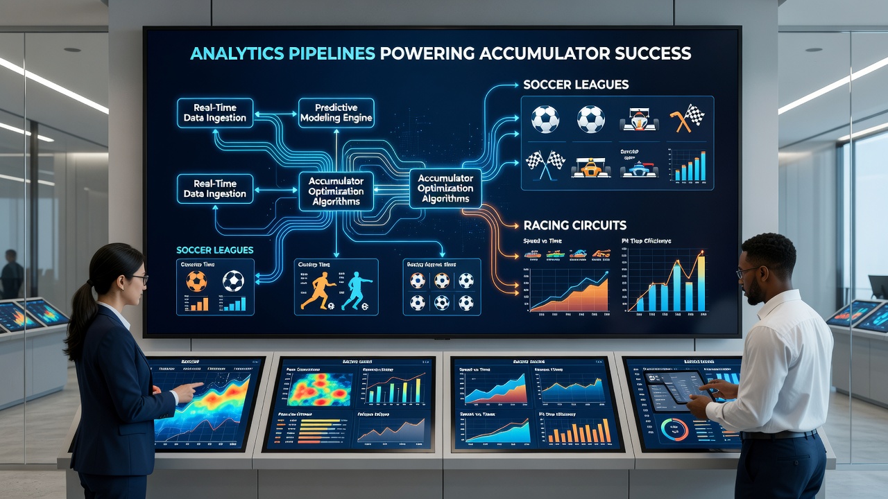 Pipeline architecture diagram showing data flow from soccer matches and horse races to accumulator models