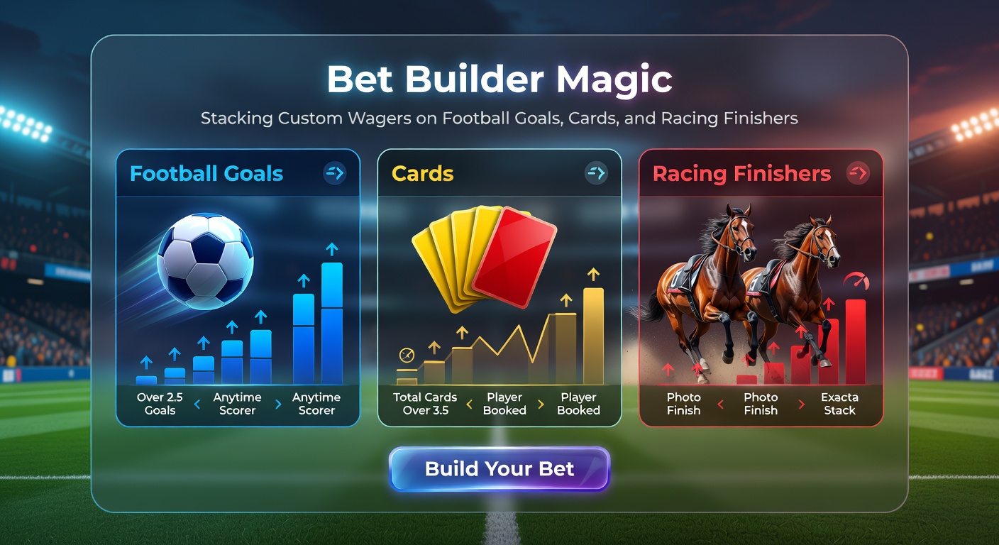 Digital interface showing stacked bet builder options for a football match with goals, cards, and player props overlaid on a racing finish prediction graphic