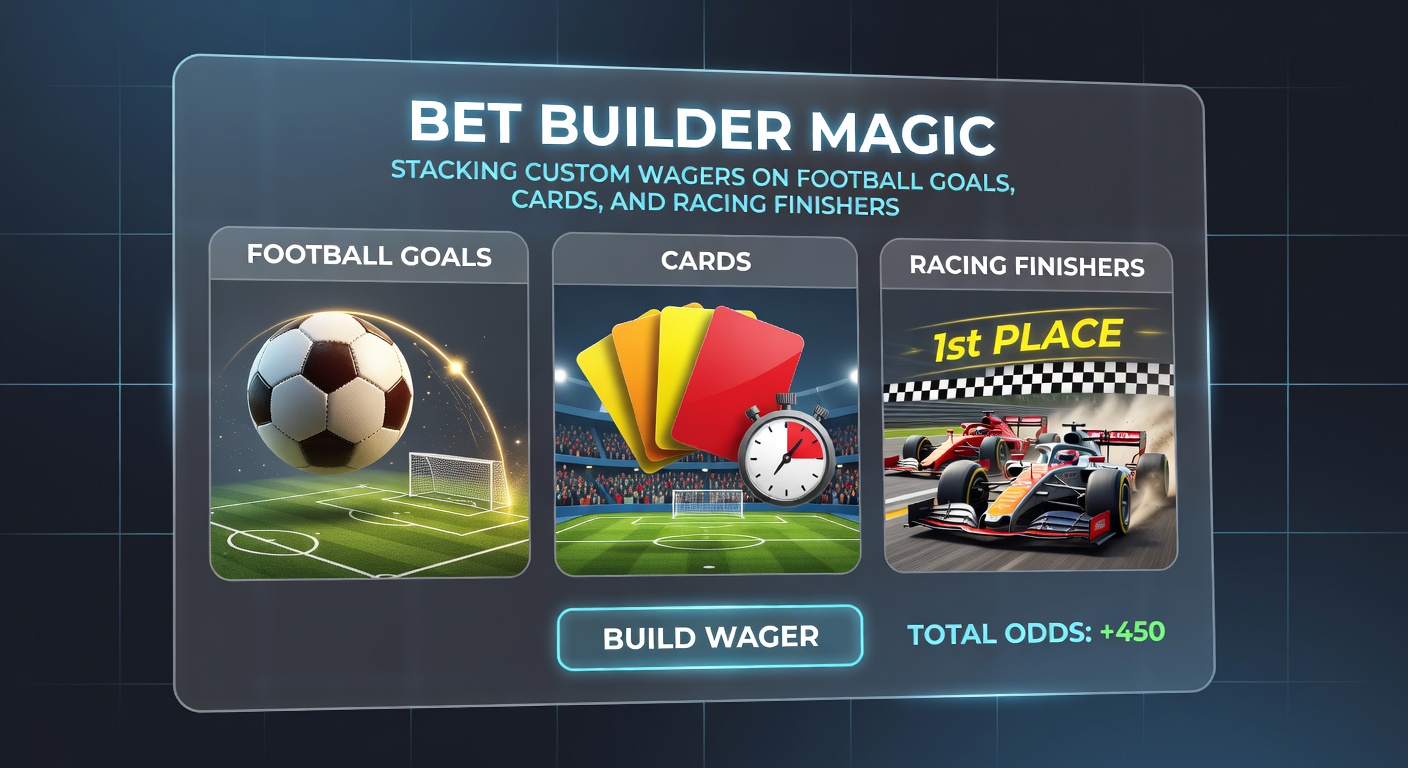 Close-up of a mobile betting app displaying a multi-leg bet builder with football goal lines, yellow card icons, and horse racing podium predictions