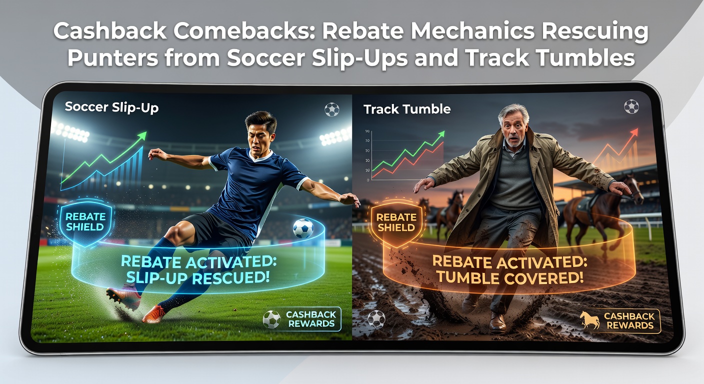 Graphic showing a bettor receiving cashback after a soccer match loss, with rebate icons and soccer ball elements