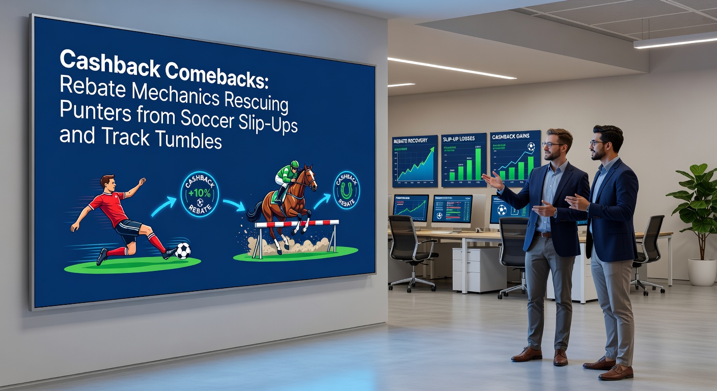 Illustration of horse racing rebate payout, featuring a tumbling jockey and cashback arrows pointing to a bettor's wallet