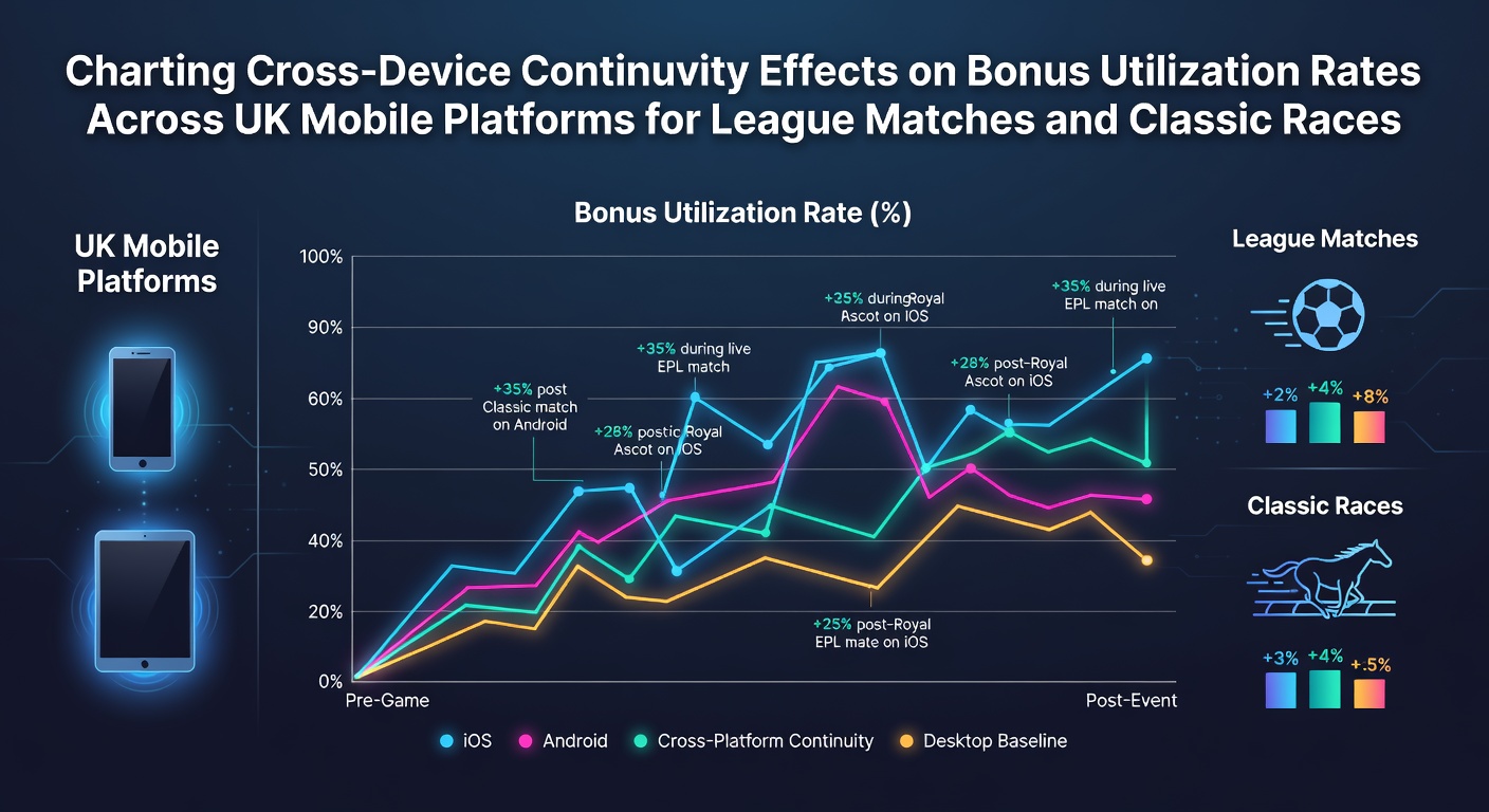 Graph displaying cross-device continuity patterns and bonus utilization rates on UK mobile betting platforms for football and horse racing