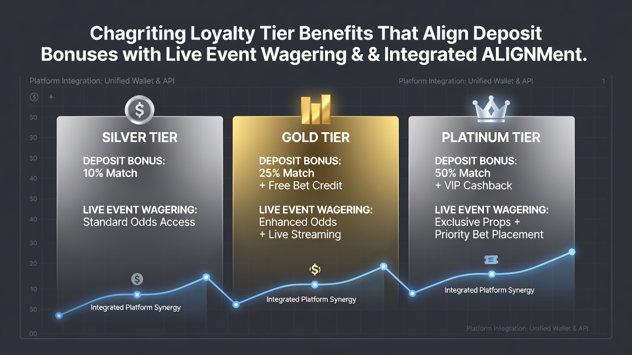 Integrated platform dashboard showing loyalty tier progression alongside deposit bonus options and live event wagering interfaces