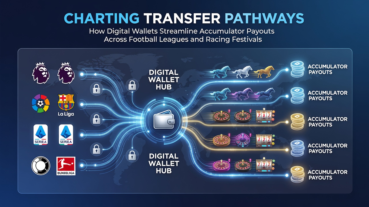 Digital wallet interface displaying accumulator payout transfers across football and racing betting platforms