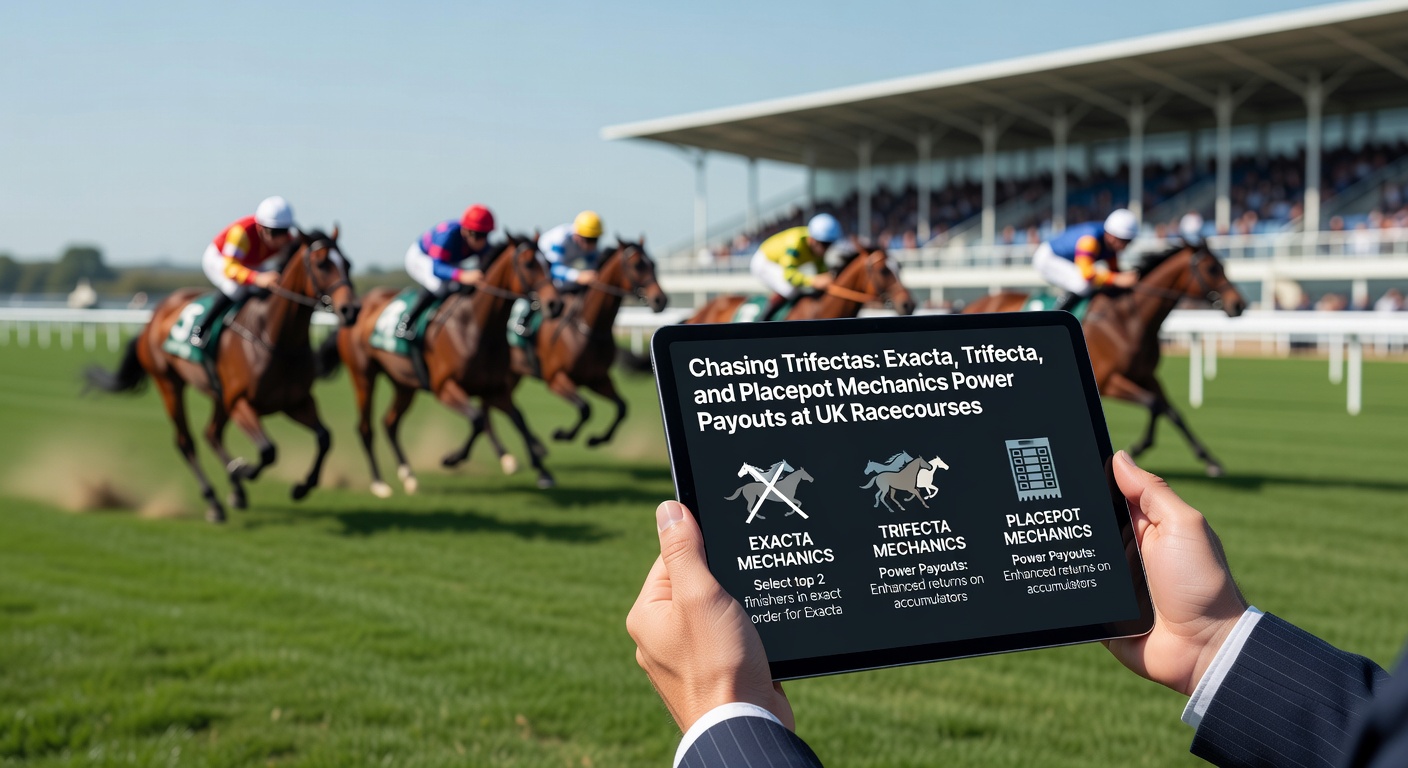 Crowd at a bustling UK racecourse with horses thundering down the straight, bet slips in hand as punters chase exotic payouts