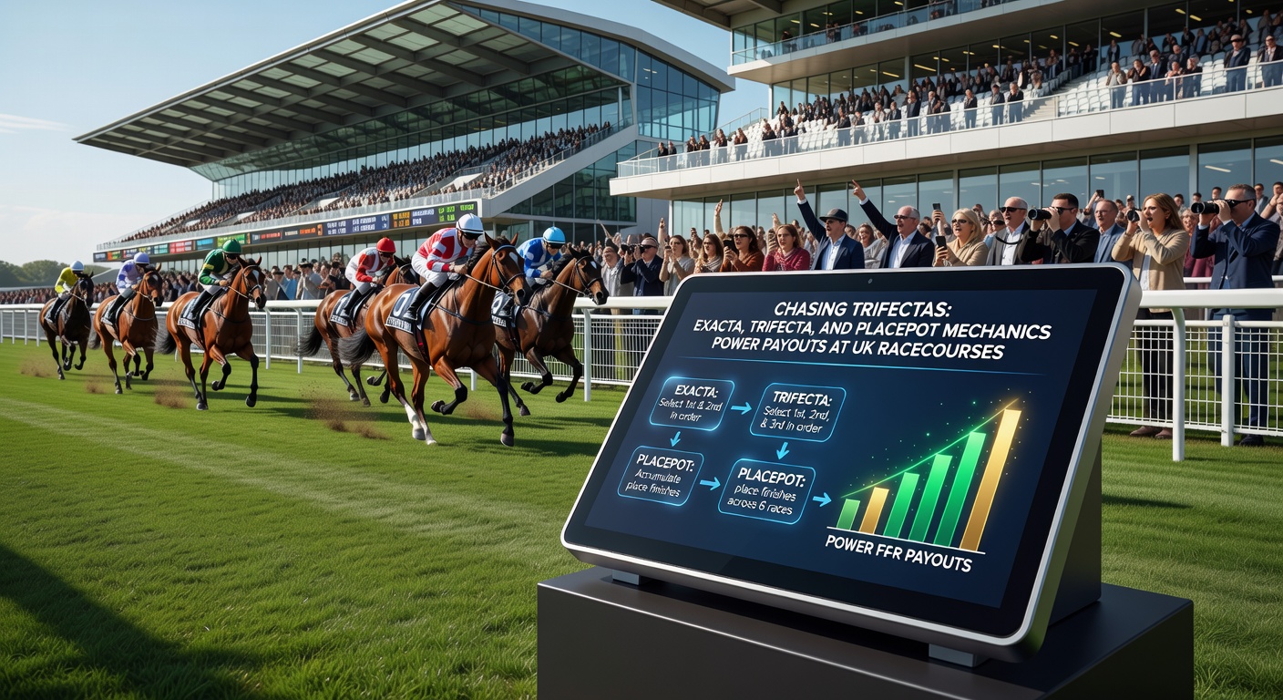 Close-up of a trifecta bet slip at a UK tote window, with horses crossing the finish line in a photo-finish blur