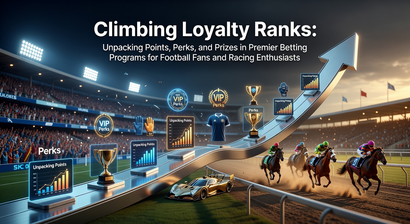 Loyalty program tiers displayed on a betting app screen, showing points, badges, and reward icons for football matches and horse races