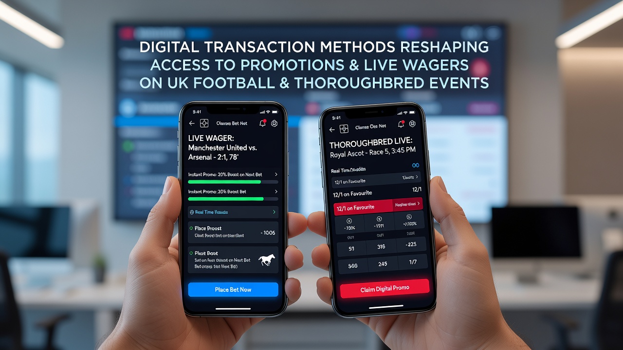Smartphone screen displaying digital wallet options for UK football and horse racing bets with instant bonus activation