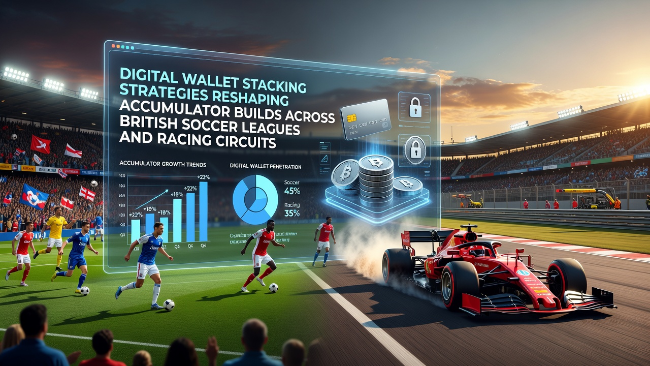 Digital wallet interfaces displayed on mobile devices alongside football and racing betting interfaces