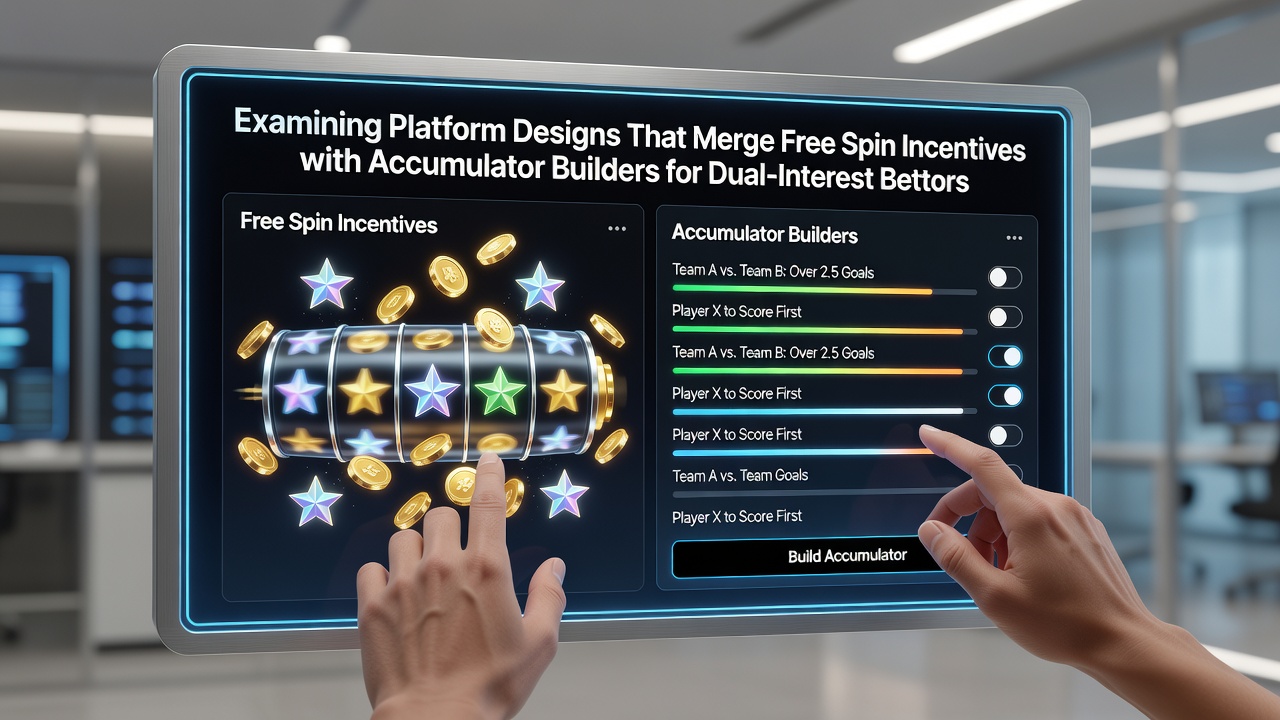 Platform interface showing free spin options alongside accumulator builder tools for combined casino and sports betting