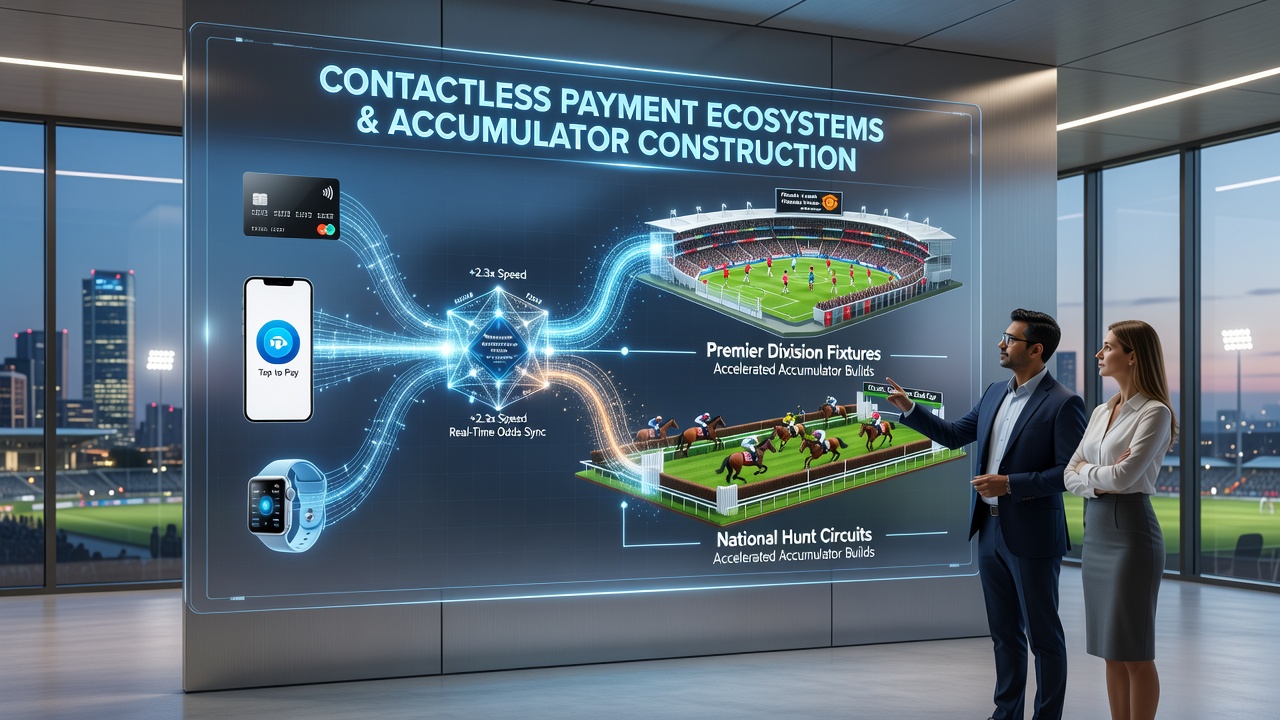Contactless payment terminals integrated with mobile betting interfaces showing rapid accumulator setup during live Premier League fixtures