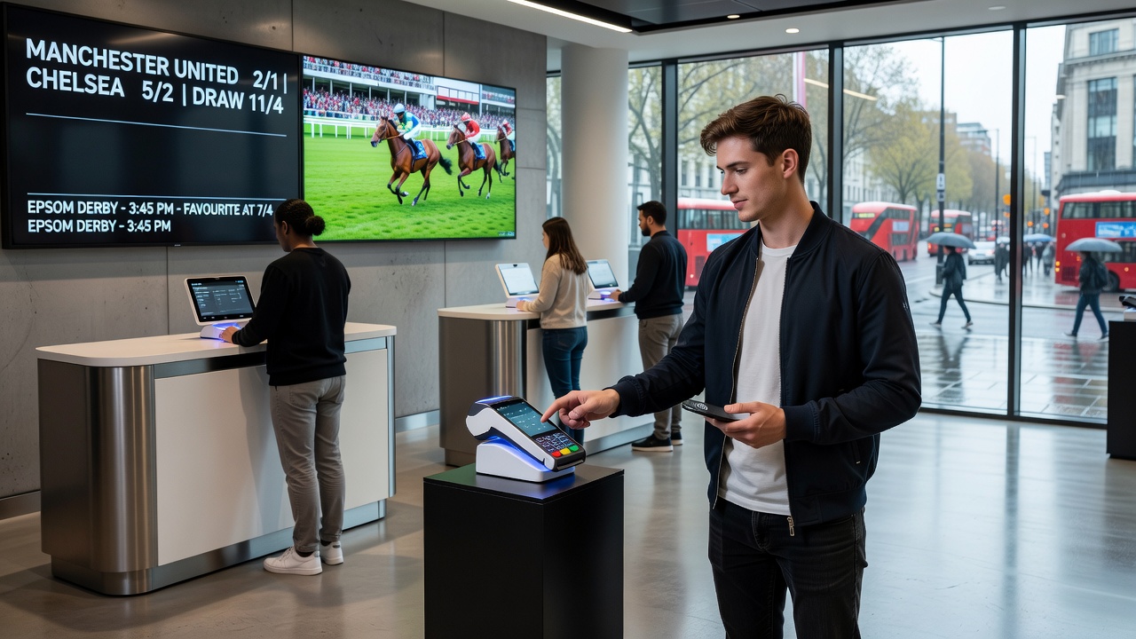Contactless payment terminal in use at a UK betting venue with football and racing screens in background