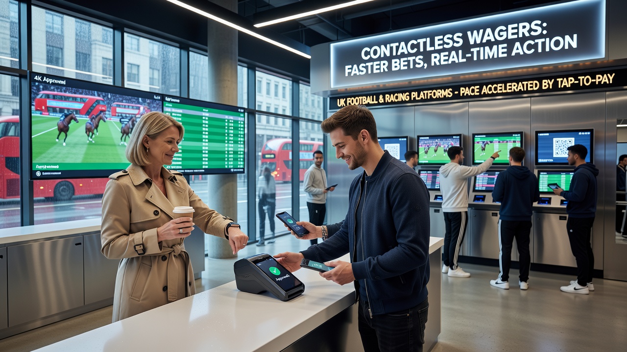 Smartphone showing contactless betting app interface during a live horse race broadcast
