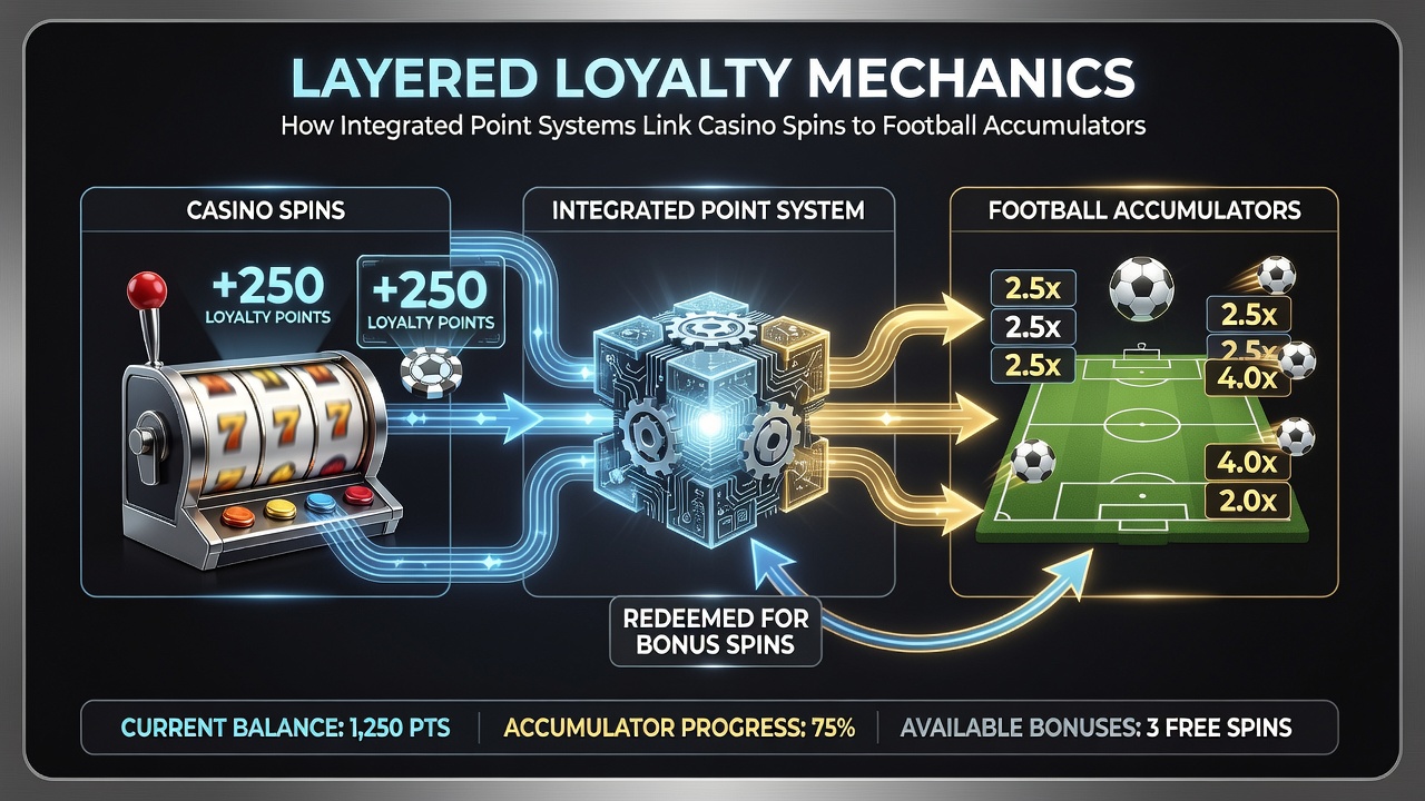 Screenshot of a mobile app dashboard displaying loyalty points earned from casino, football, and racing activity in one view