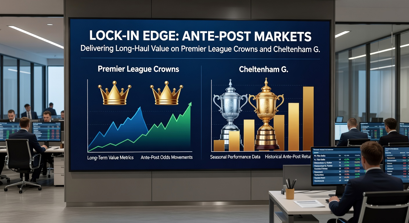 Cheltenham racecourse scene with Gold Cup contenders jumping fences, overlaid with ante-post odds boards showing early value plays
