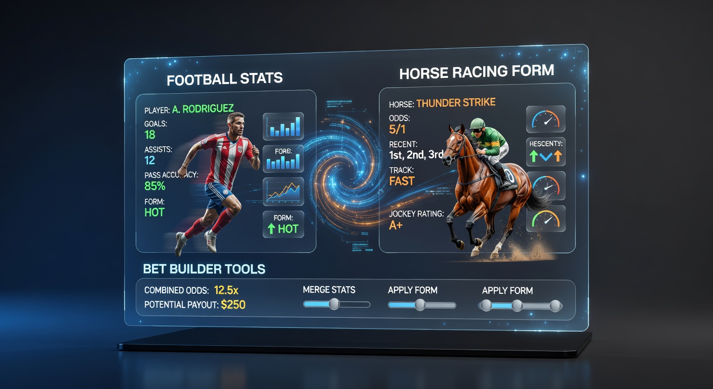Digital interface showing a bet builder tool combining soccer player stats like shots on target with horse racing form data such as recent finishes and jockey win rates