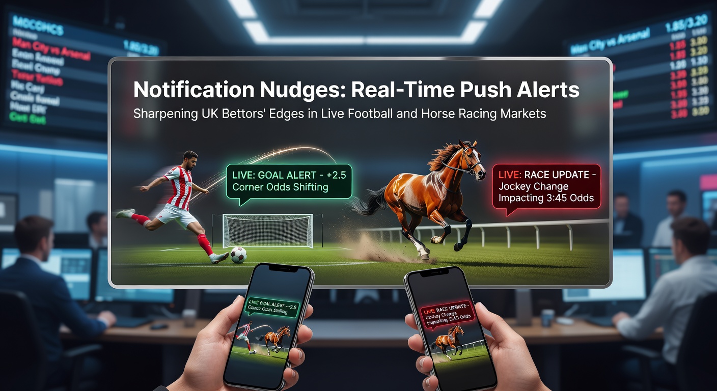 Smartphone displaying live football match notifications with odds updates and horse racing alerts in the background