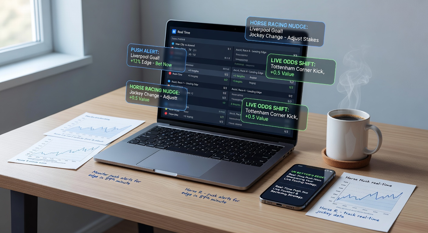 Close-up of a betting app push notification for a horse racing odds change during a live event, with football score alert overlaid