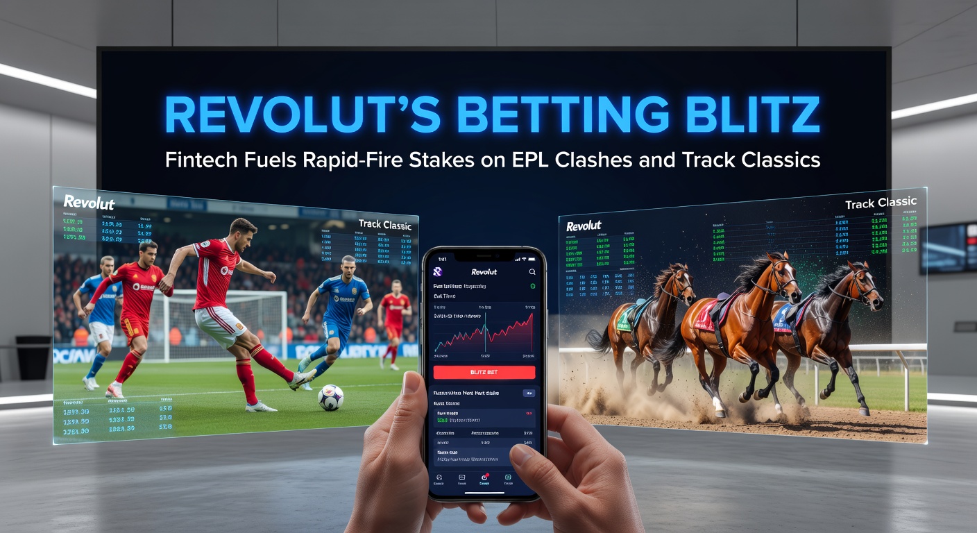 Revolut app interface showing live EPL betting options with rapid stake placements on matches like Manchester United vs. Liverpool, alongside horse racing tracks
