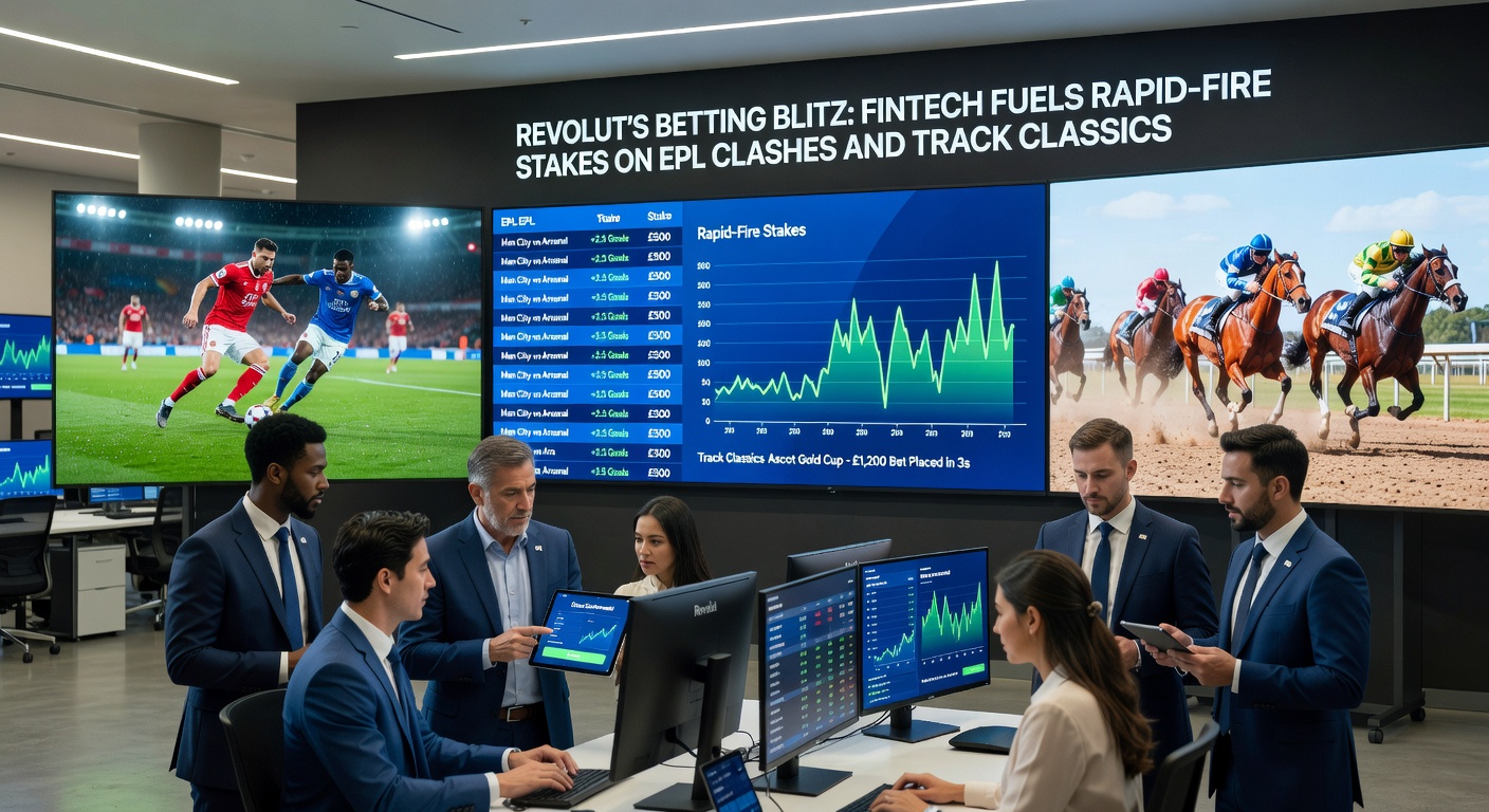Close-up of Revolut's betting dashboard during a live horse race at Cheltenham, displaying quick-stake buttons, live odds fluctuations, and seamless wallet integration