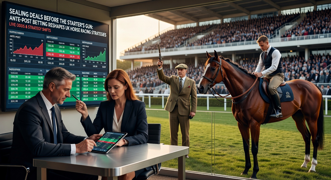 Vibrant scene of punters at a UK racecourse, placing ante-post bets on upcoming classics like the Grand National, with jockeys and horses in the background under a clear sky