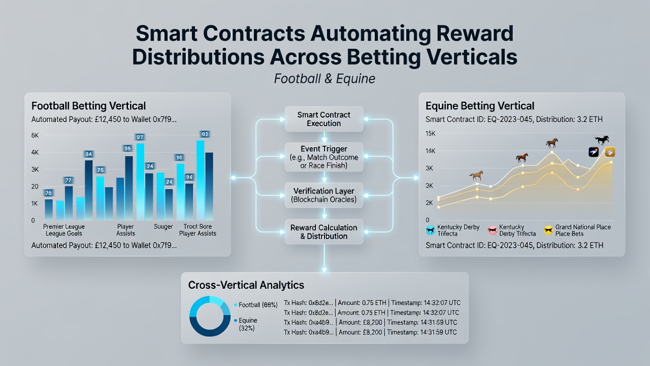 Smart contract dashboard showing equine racing payout automation alongside football betting rewards