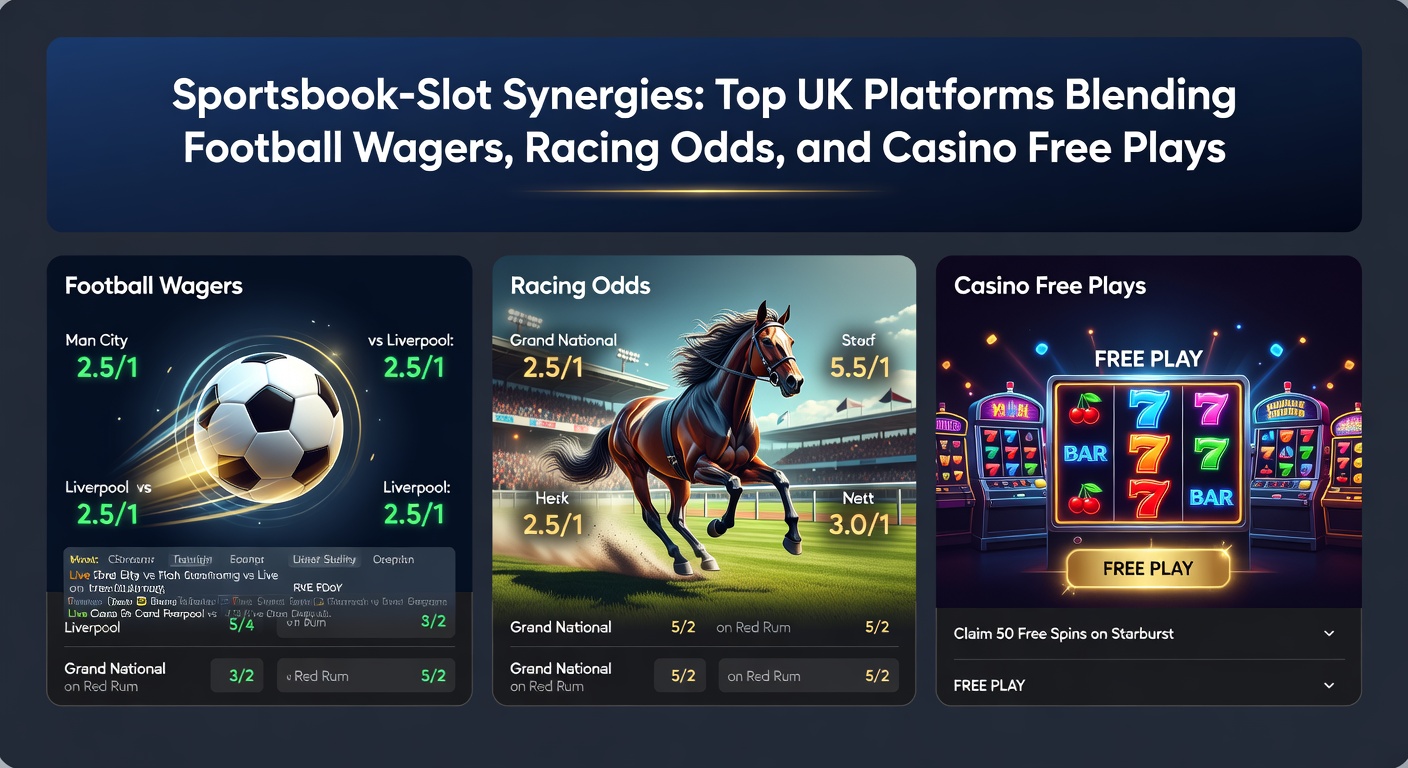 Vibrant digital interface showing intertwined sportsbook odds for football matches, horse racing tracks, and colorful slot reels on a UK betting app