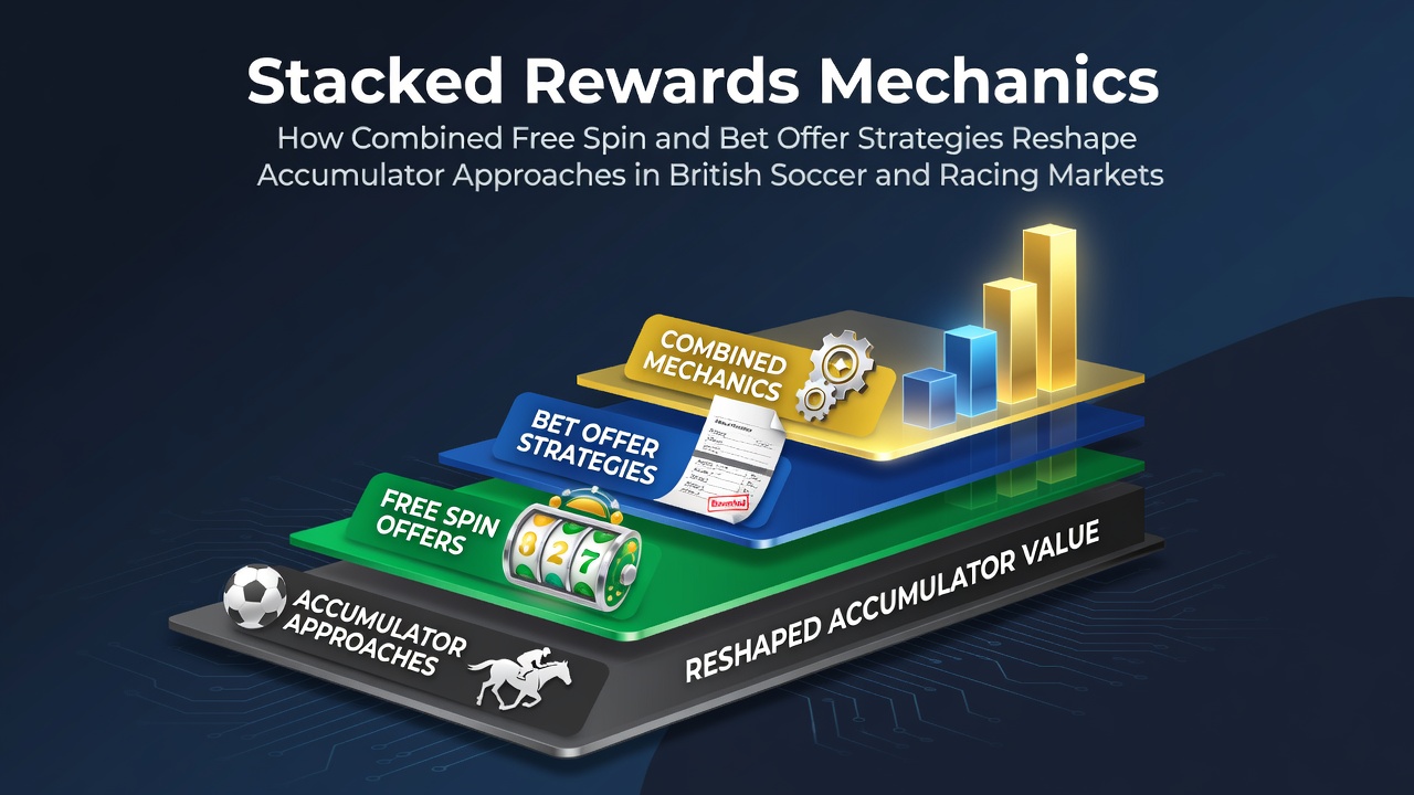 Illustration of stacked bonus mechanics combining free spins and bet offers in UK soccer and racing markets