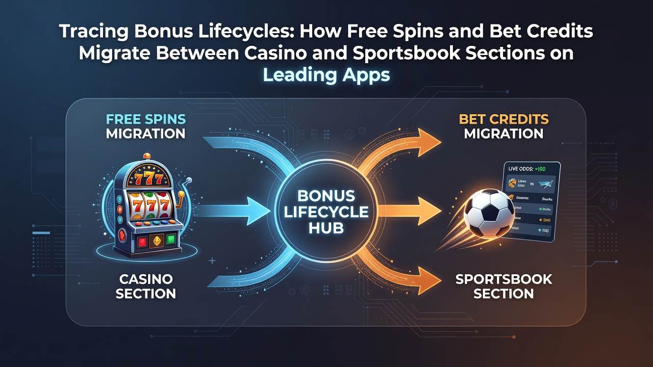 Diagram showing free spins and bet credits transitioning between casino and sportsbook sections on a mobile app interface