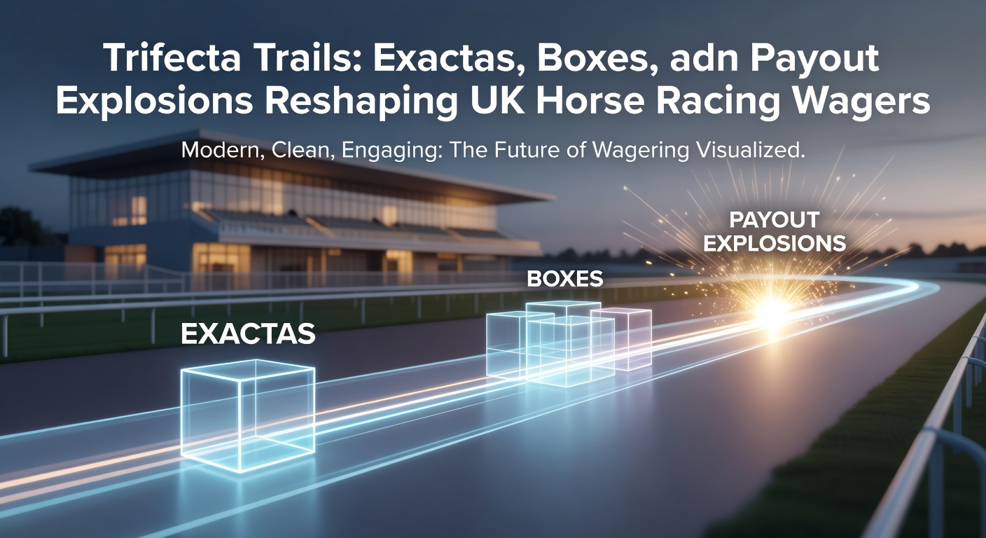 Vibrant scene of horses thundering down a UK racecourse with bettors glued to screens showing trifecta payouts exploding on digital displays