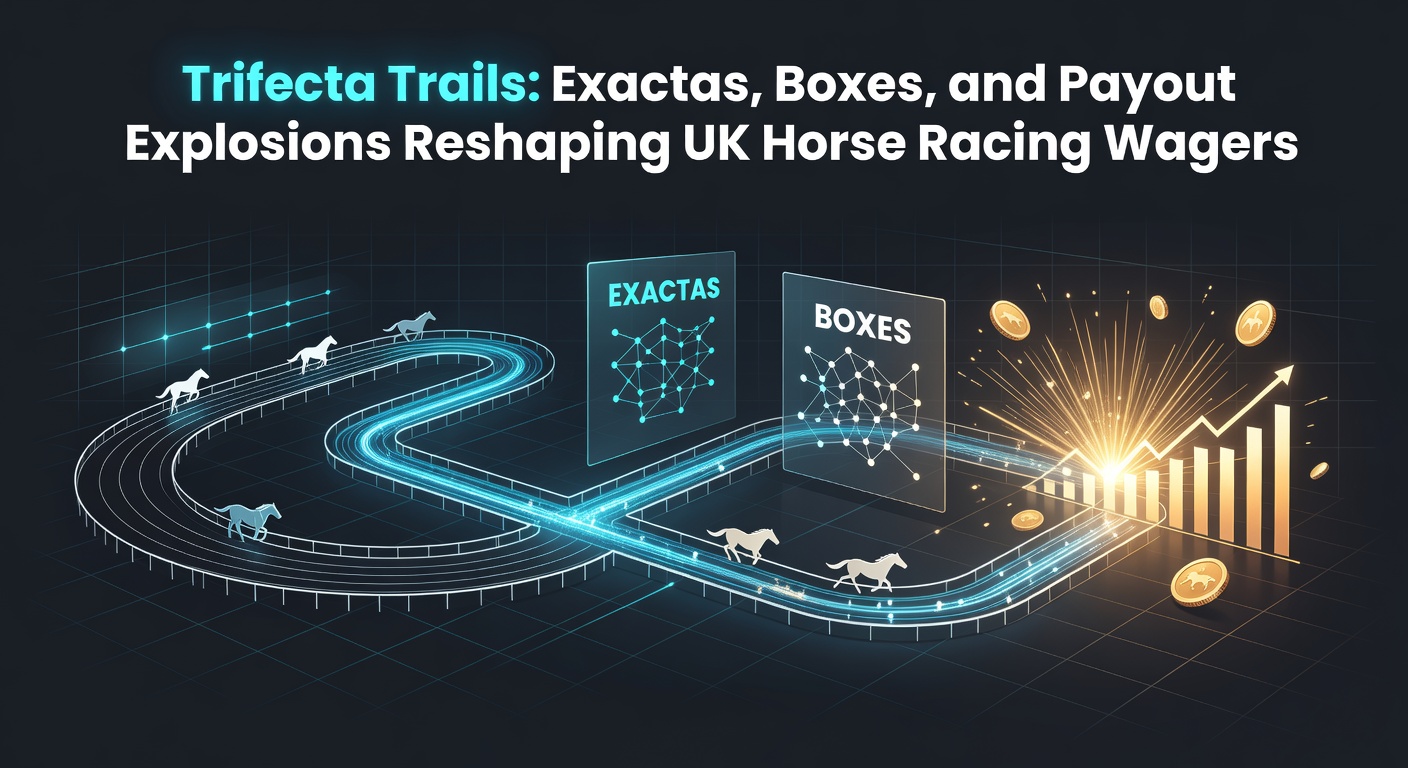Close-up of a digital betting interface displaying a winning trifecta box payout skyrocketing amid cheering crowds at a UK race meet